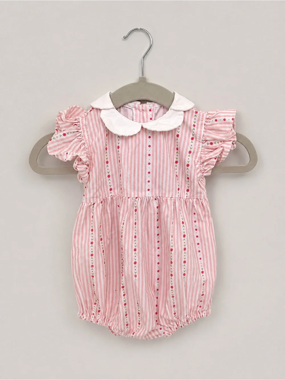 bella bliss Pink and White Striped Bubble Romper with Scallop Collar